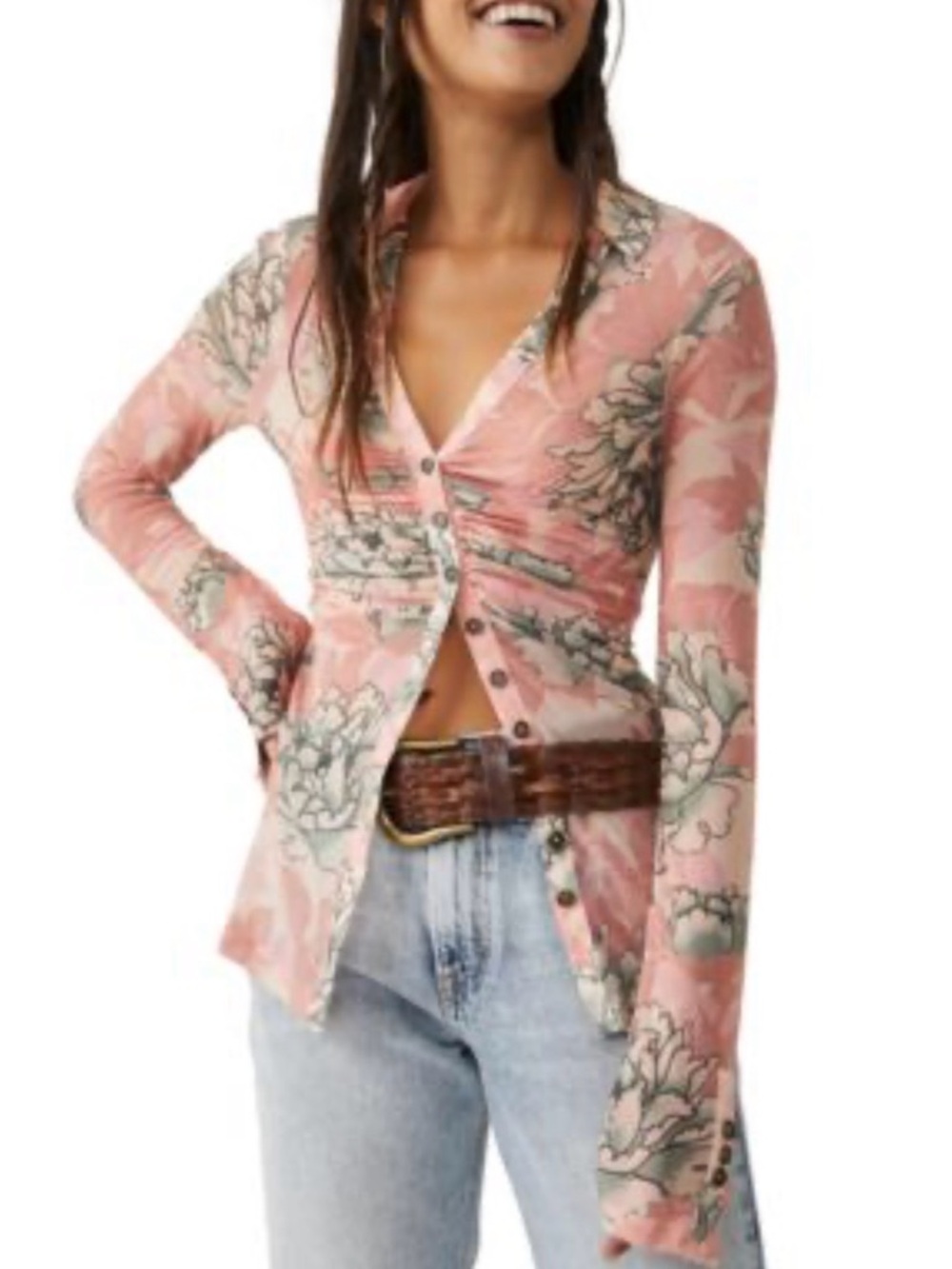 Free People Lucky Shirtee Semi Sheer Mesh Button Up Top in Peach Bloom Size XS